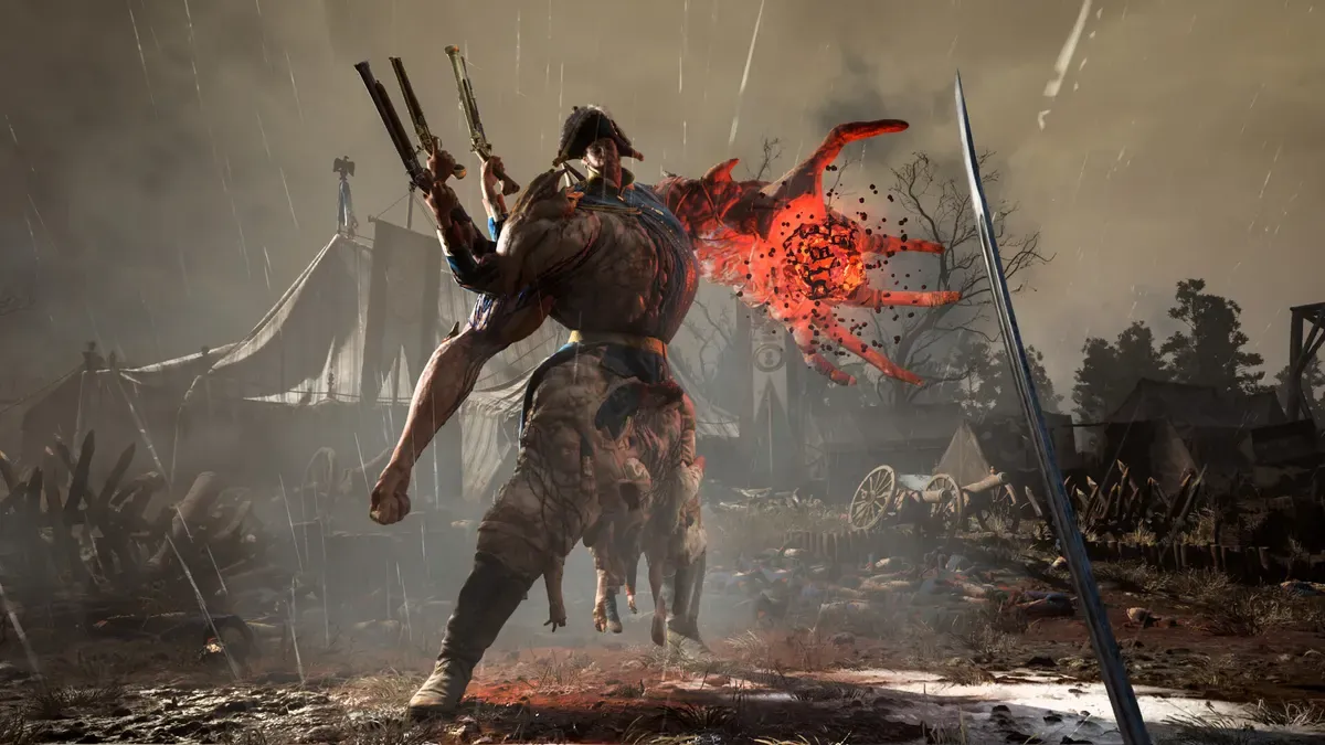 Advancing through a battlefield camp between boss arenas in Valor Mortis