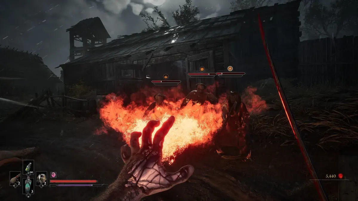 Channeling a flamethrower transmutation against plague enemies at night in Valor Mortis