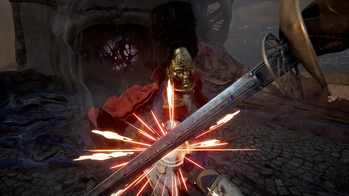 A parry spark flashing against an elite fencer in first-person Valor Mortis combat
